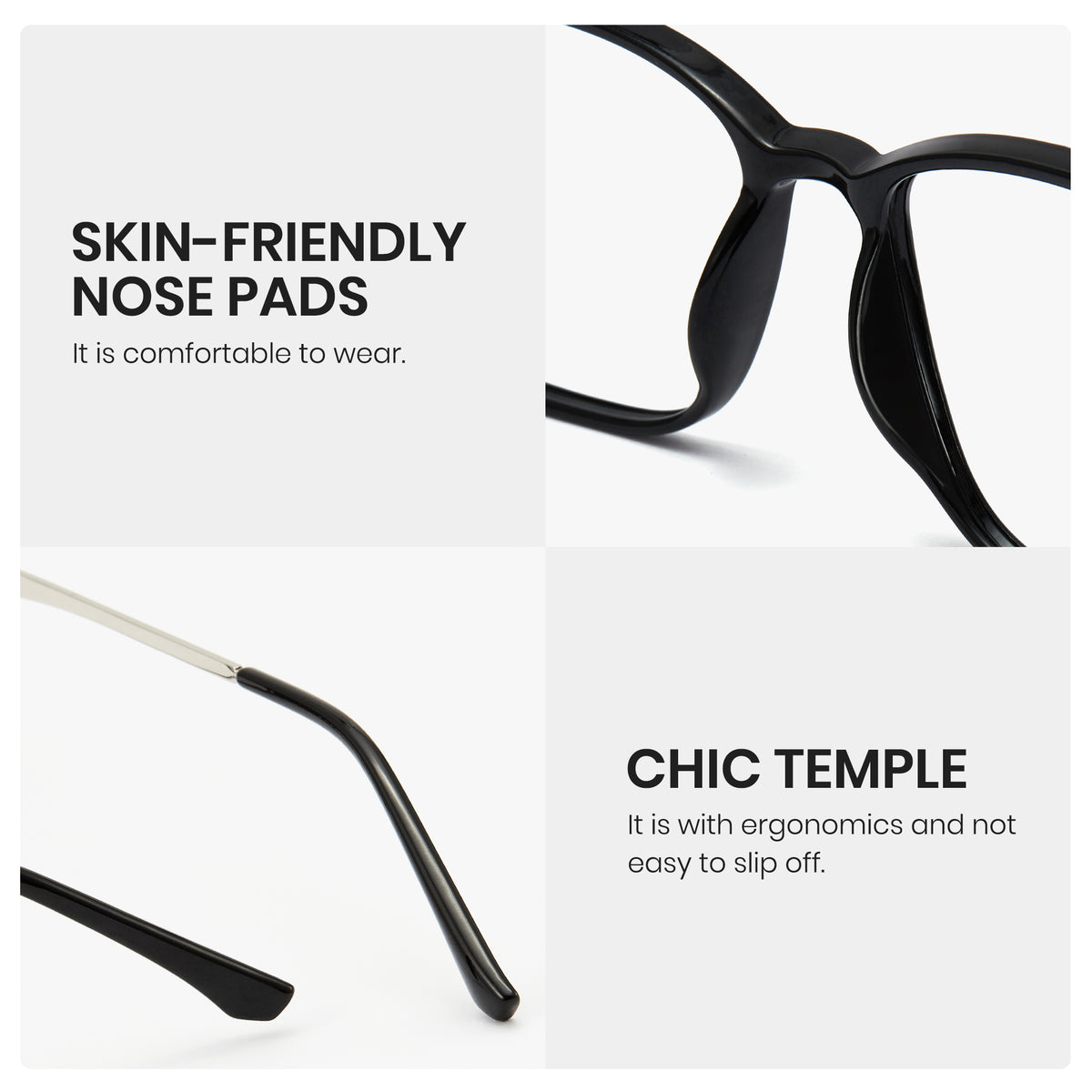 8208 Black Cyxus TR 90 photochromic eyeglasses with text highlighting skin-friendly nose pads and chic temple design on a white background.