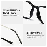 8208 Black Cyxus TR 90 photochromic eyeglasses with text highlighting skin-friendly nose pads and chic temple design on a white background.