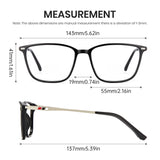 Measurement chart of a pair of glasses with dimensions labeled.