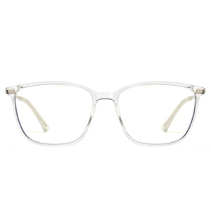 Clear eyeglasses with gold accents on a white background