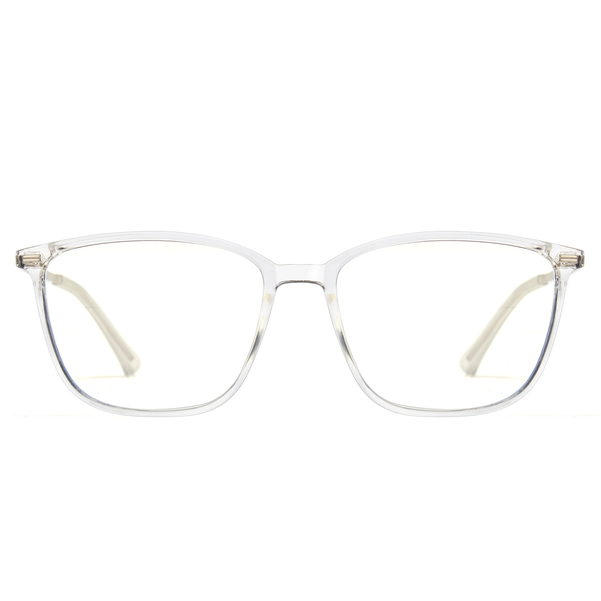 Clear eyeglasses with gold accents on a white background