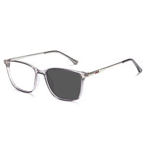Clear frame sunglasses with dark lenses on a white background