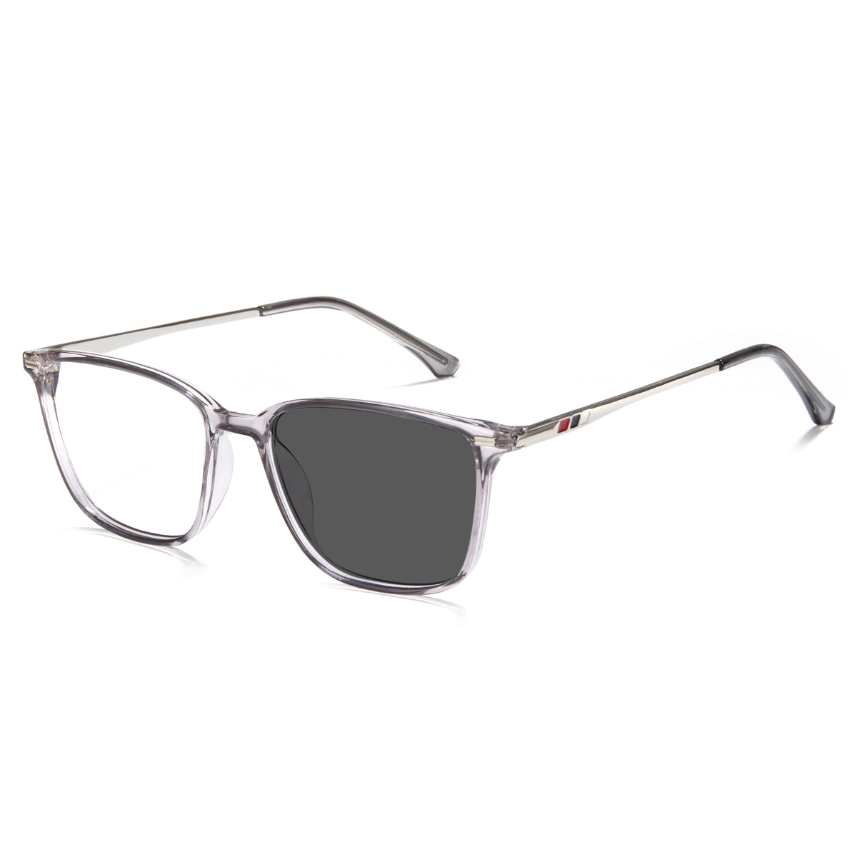 Clear frame sunglasses with dark lenses on a white background