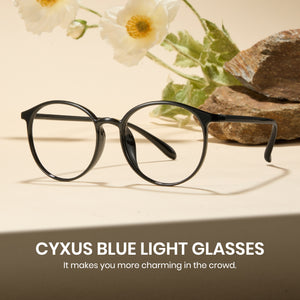 Black glasses with floral and stone background, featuring CYXUS Blue Light Glasses text.