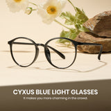 Black glasses with floral and stone background, featuring CYXUS Blue Light Glasses text.