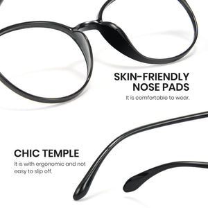 Black eyeglasses with text highlighting skin-friendly nose pads and chic temple design on a white background.