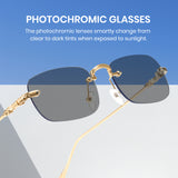 Gold-framed photochromic sunglasses with text on a blue and gray background