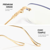 Gold temple of a pair of glasses with text highlighting 'Premium Hinge' and 'Chic Temple'.