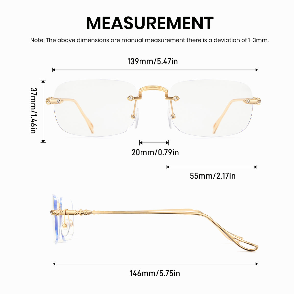 Measurement chart of gold-rimmed eyeglasses with dimensions labeled.