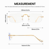Measurement chart of gold-rimmed eyeglasses with dimensions labeled.