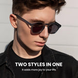 Man wearing photochromic Glasses 8230 with text 'Two Styles in One' on a plain background