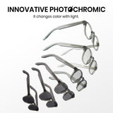 Set of photochromic glasses changing color with light on a white background