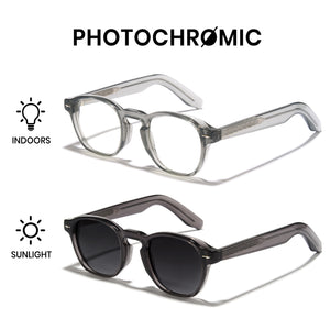 Photochromic glasses changing from clear to dark in different lighting conditions on a white background.