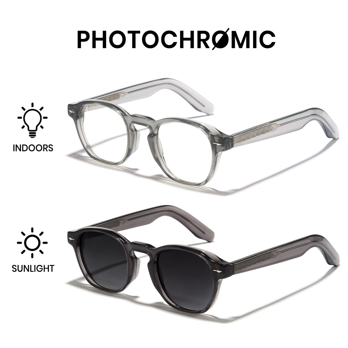 Photochromic glasses changing from clear to dark in different lighting conditions on a white background.
