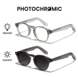 Photochromic glasses changing from clear to dark in different lighting conditions on a white background.