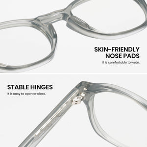 Eyeglasses with text highlighting skin-friendly nose pads and stable hinges on a white background