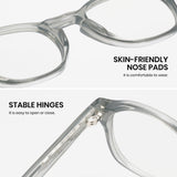 Eyeglasses with text highlighting skin-friendly nose pads and stable hinges on a white background