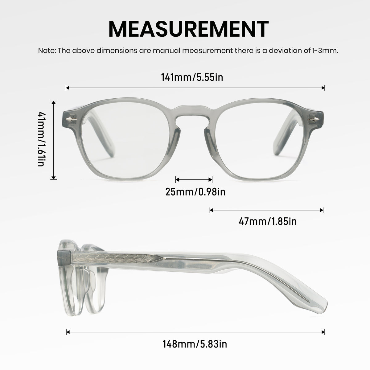 Measurement chart of Cyxus 8230 glasses with dimensions labeled.