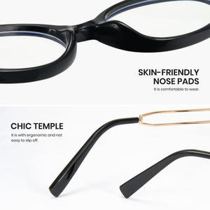 Black eyeglasses with skin-friendly nose pads and chic temple design on a white background