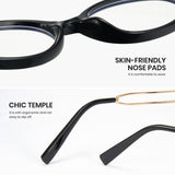 Black eyeglasses with skin-friendly nose pads and chic temple design on a white background