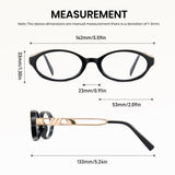 Measurement chart of eyeglasses with dimensions labeled