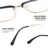 Eyeglasses with adjustable nose pads and chic temple design on a white background