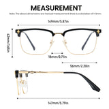 Measurement chart of a pair of glasses with dimensions labeled.