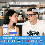 Two people conversing with a Cyxus smart glasses smartphone app for instant translation in a coffee.