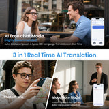 Advertisement for using a Cyxus smart glasses real-time AI translation app with users in various settings using the app.