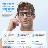 Cyxus model wearing glasses with a control panel overlay on a light blue background