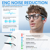 Cyxus model wearing noise-cancelling smart glasses with technical details on ENC noise reduction and Bluetooth technology.