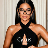 Woman wearing black eyewear with 'Cyxus Eyewear' logo