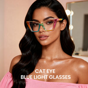 Woman wearing colorful cat-eye blue light glasses with a blurred background