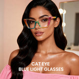 Woman wearing colorful cat-eye blue light glasses with a blurred background