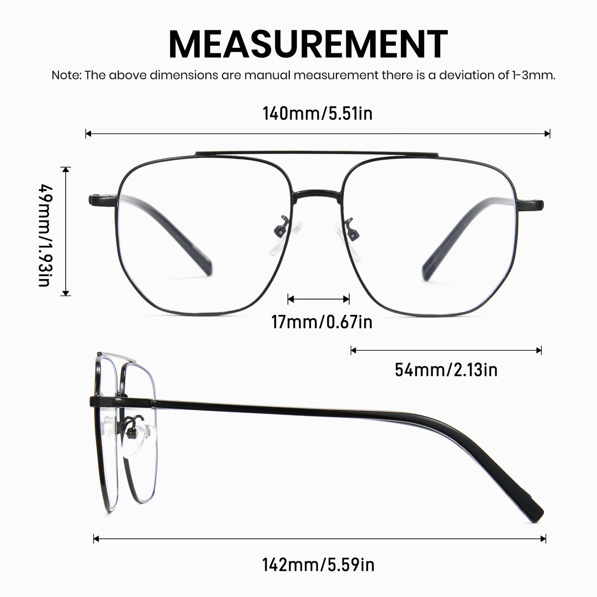 Measurement for Cyxus TR90 Double Bridge Aviator Computer Glasses 8299