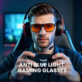 Man wearing anti-blue light Cyxus 8303 gaming glasses and headphones in a gaming setup.