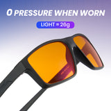 Sunglasses with orange lenses and black frame on a gradient background, featuring text about weight and pressure.