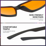 Glasses with skin-friendly nose pads and comfortable temple design on a white background.