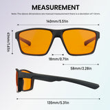 Measurement chart of gaming glasses with dimensions labeled