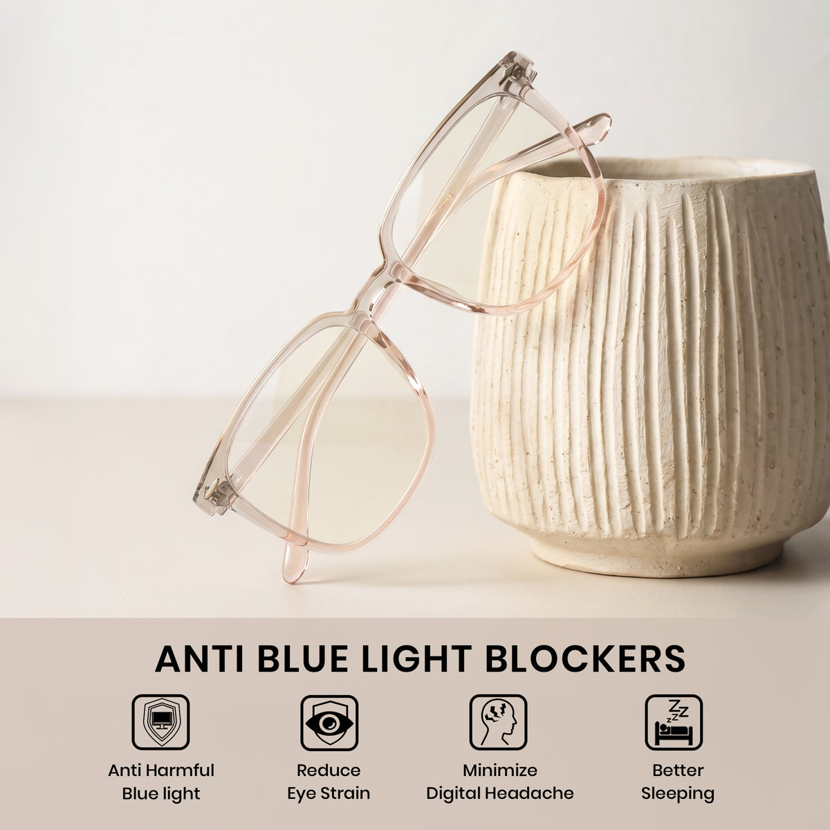 Close-up of TR90 frame and clear anti-blue light AC lens, large square unisex computer glasses