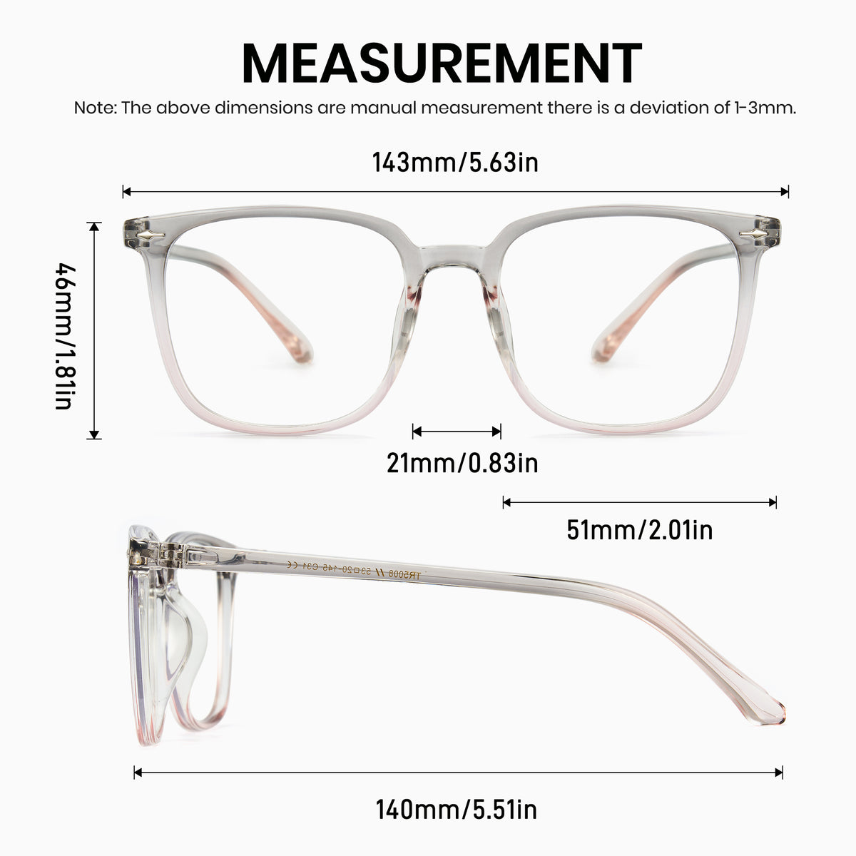 Close-up of TR90 frame and clear anti-blue light AC lens, large square unisex computer glasses
