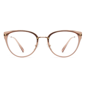 Cat-eye glasses with a gold frame on a white background