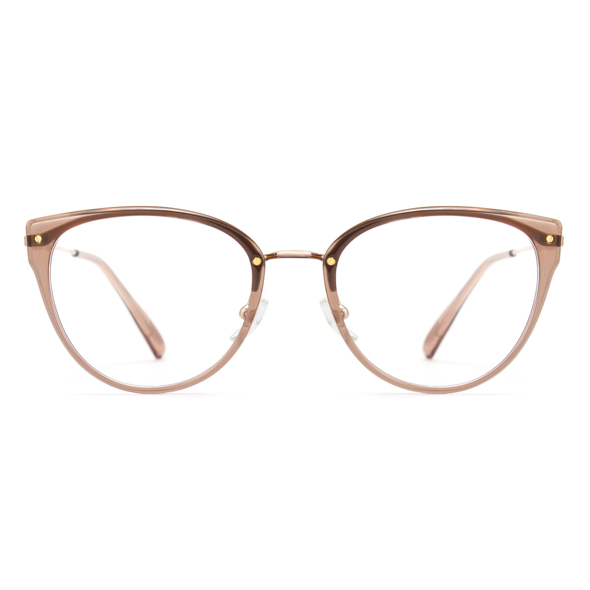 Cat-eye glasses with a gold frame on a white background