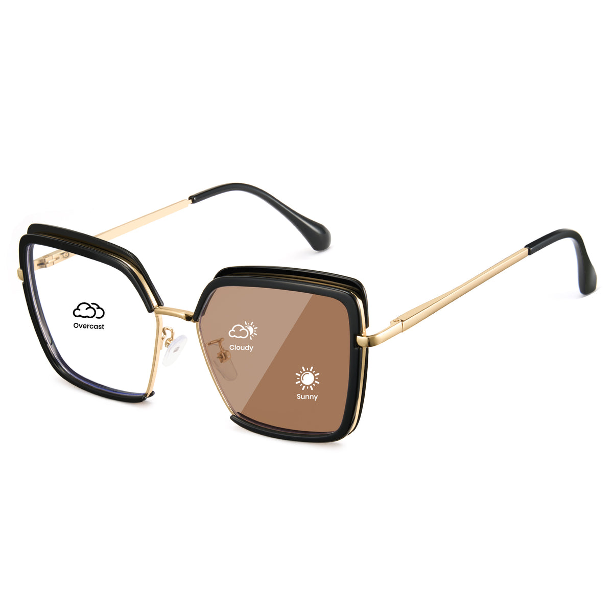 Glossy black oversized photochromic blue light glasses, gold metal temples, white to tea lens