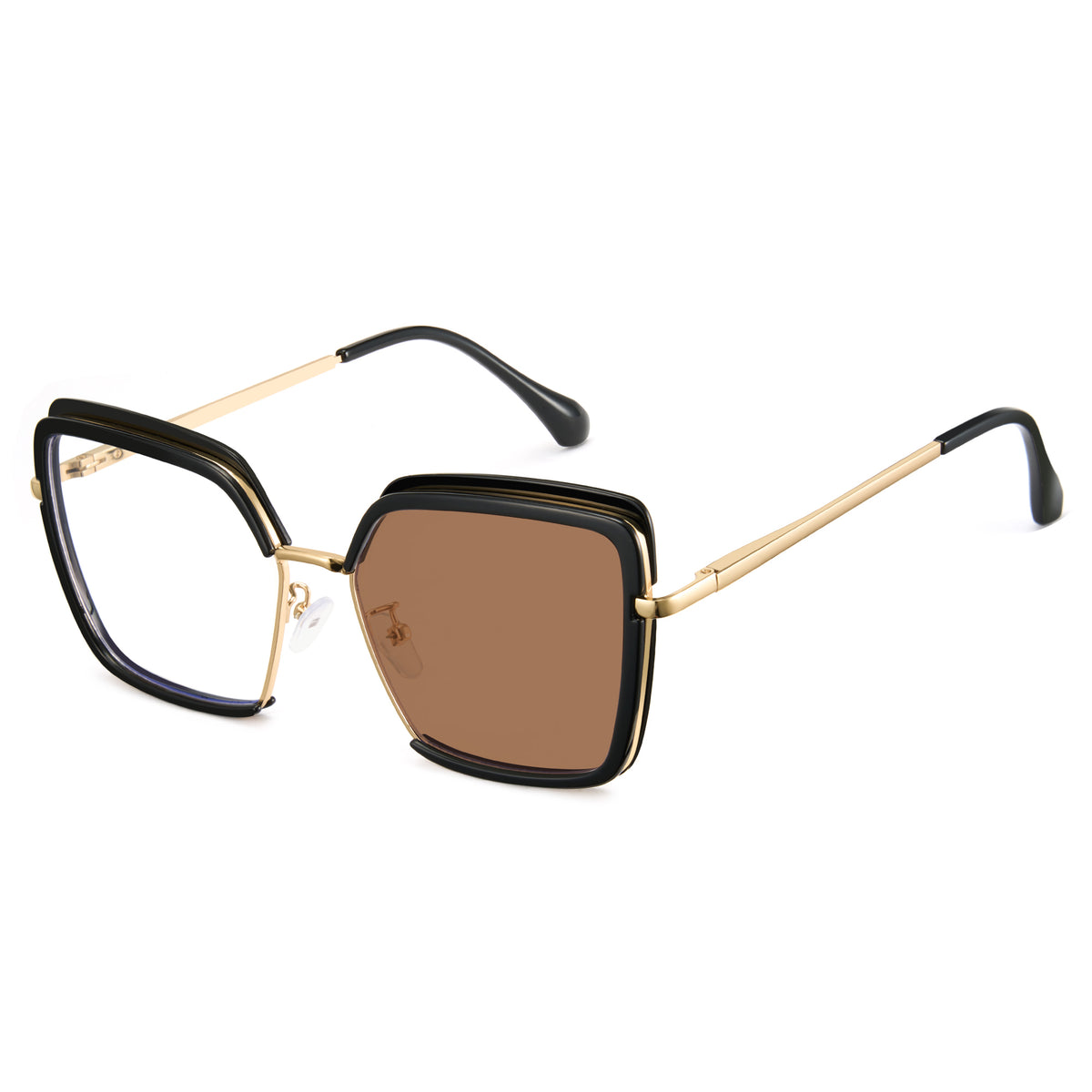 Glossy black oversized photochromic blue light glasses, gold metal temples, white to tea lens