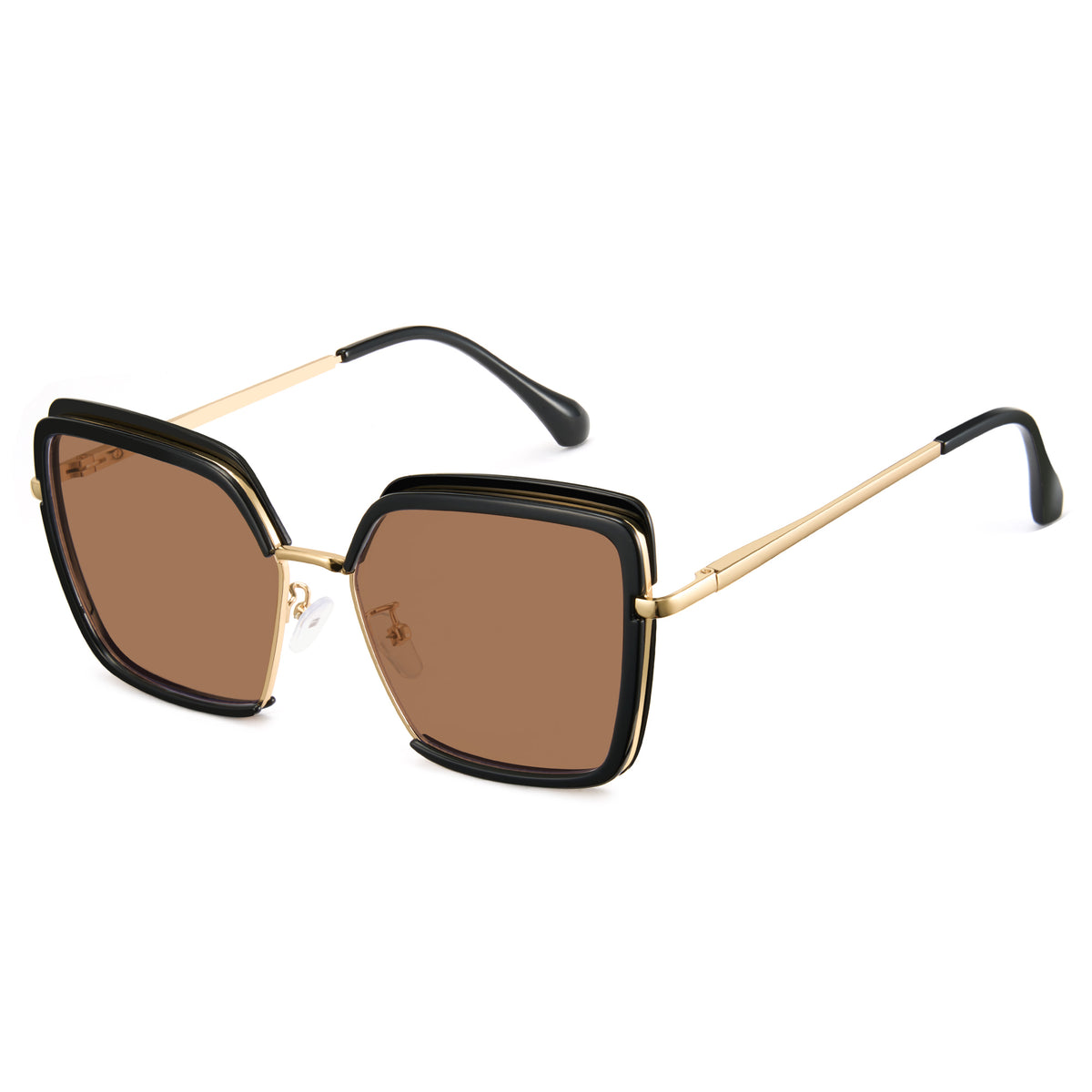 Glossy black oversized photochromic blue light glasses, gold metal temples, white to tea lens