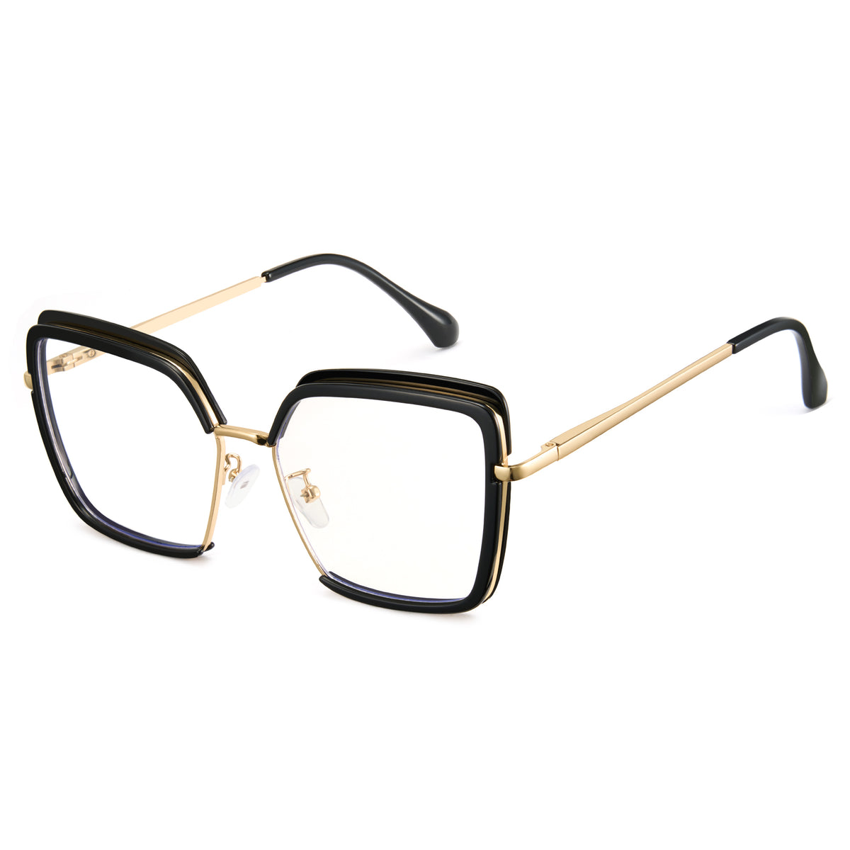 Glossy black oversized photochromic blue light glasses, gold metal temples, white to tea lens