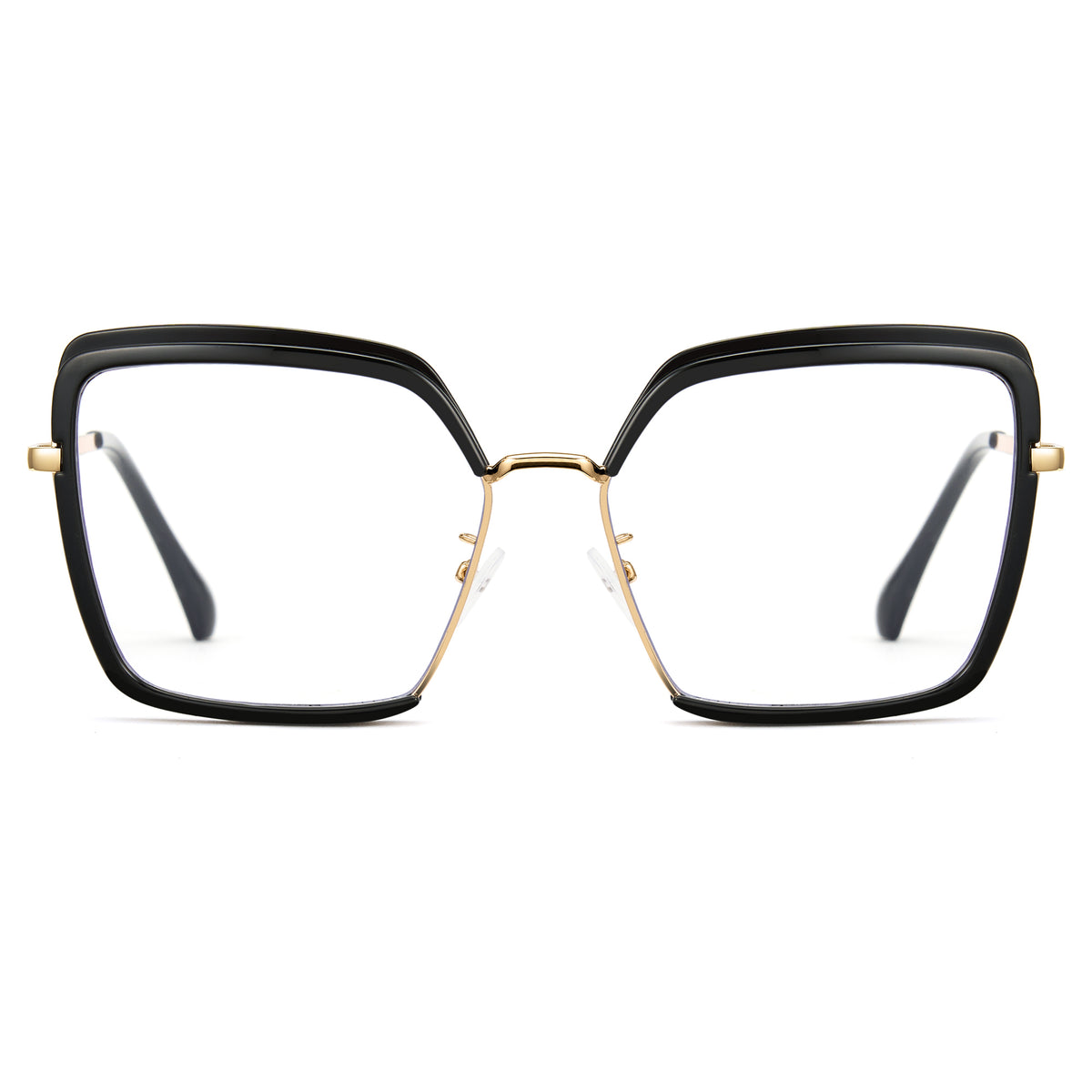 Glossy black oversized photochromic blue light glasses, gold metal temples, white to tea lens