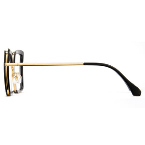 Glossy black oversized photochromic blue light glasses, gold metal temples, white to tea lens