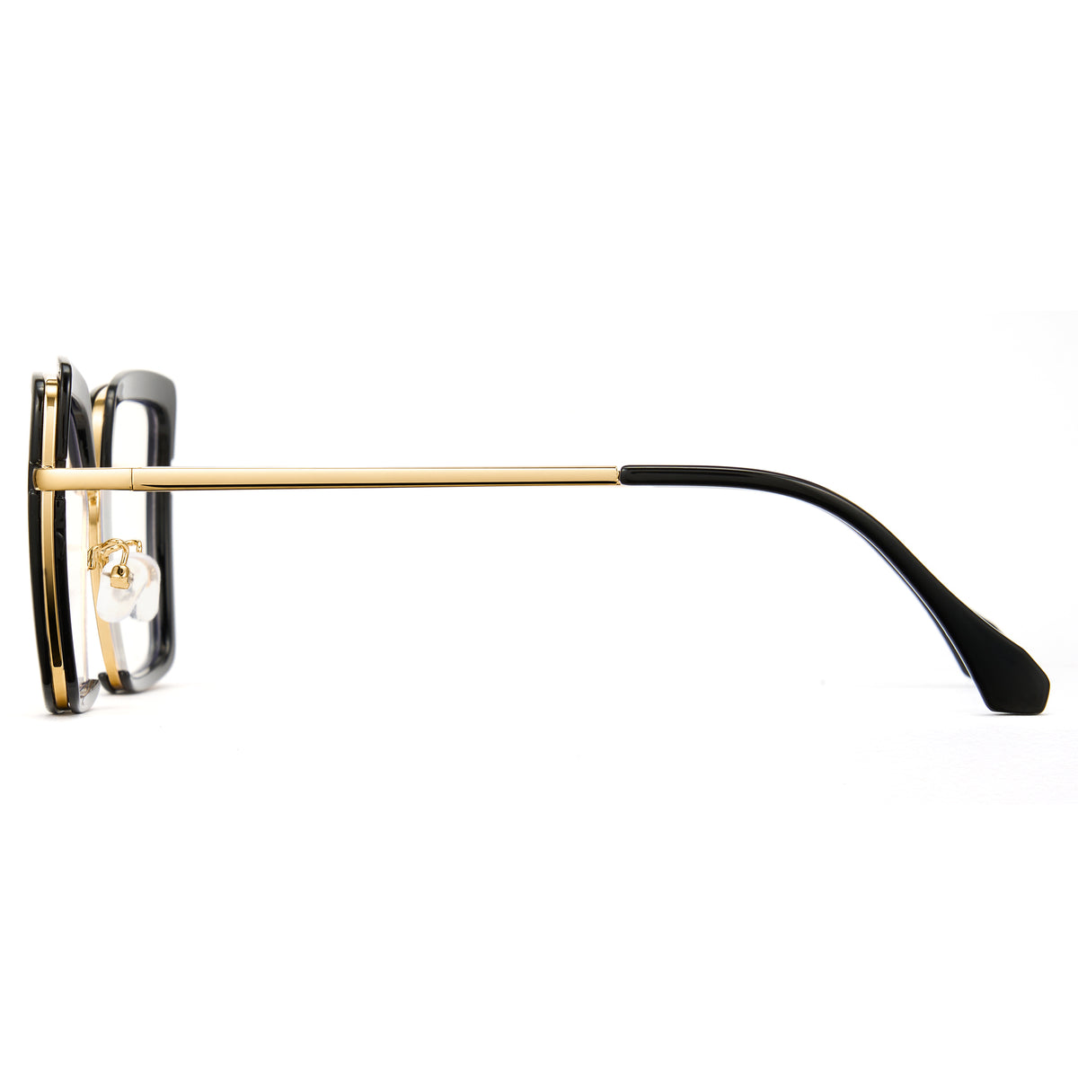Glossy black oversized photochromic blue light glasses, gold metal temples, white to tea lens